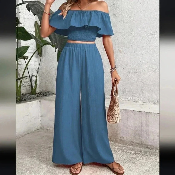 Women's Off-Shoulder Ruffle Trim Top And Wide Leg Pants Two Piece Set - Picture 1 of 6